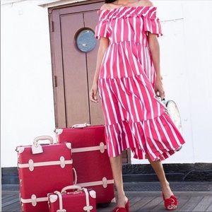 Trina Turk Red White Striped Tiered Off The Shoulder Midi Dress Sz XS-S